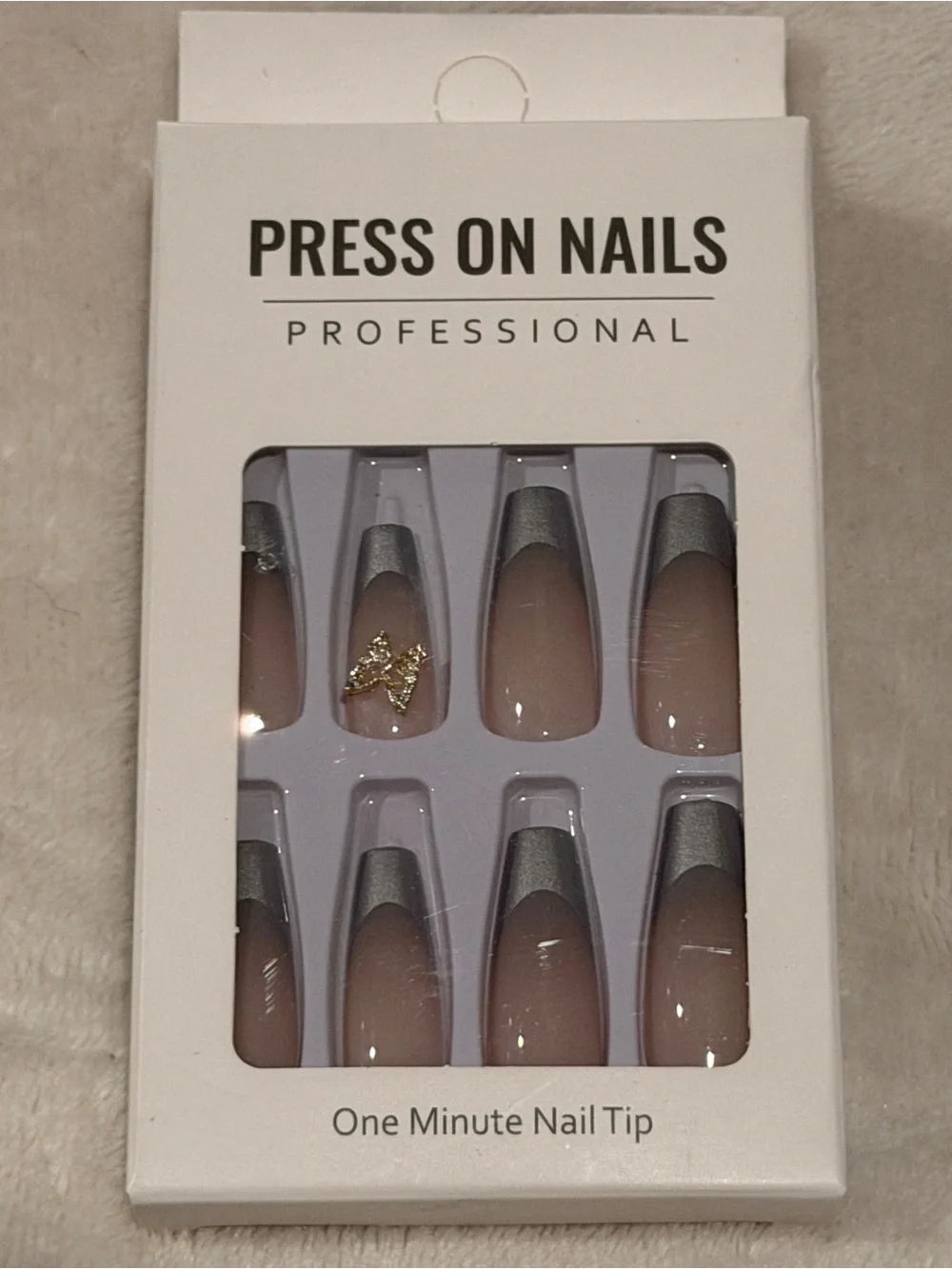 Silver French Tip Butterfly Press On Nails | Glam Nude Coffin Nails Y2K